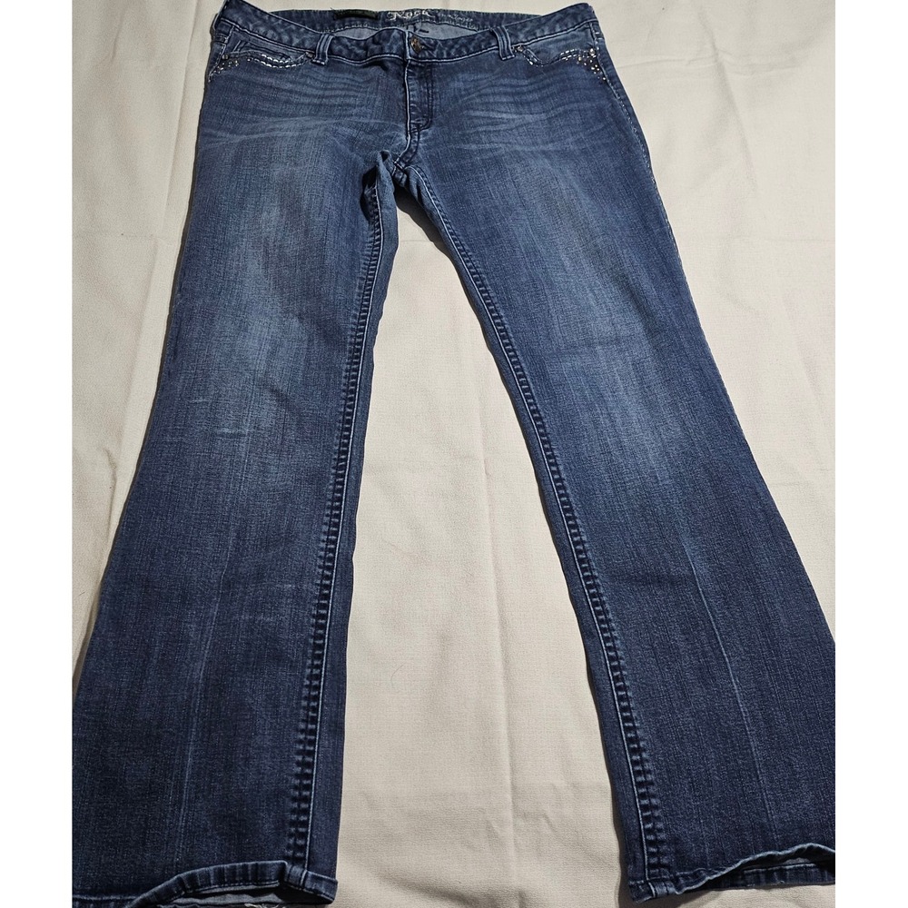 Rock 47 Wrangler Jeans Womens 15/16 Blue Ultra Low Rise Bootcut Rhinestone 40x30 - Picture 2 of 16